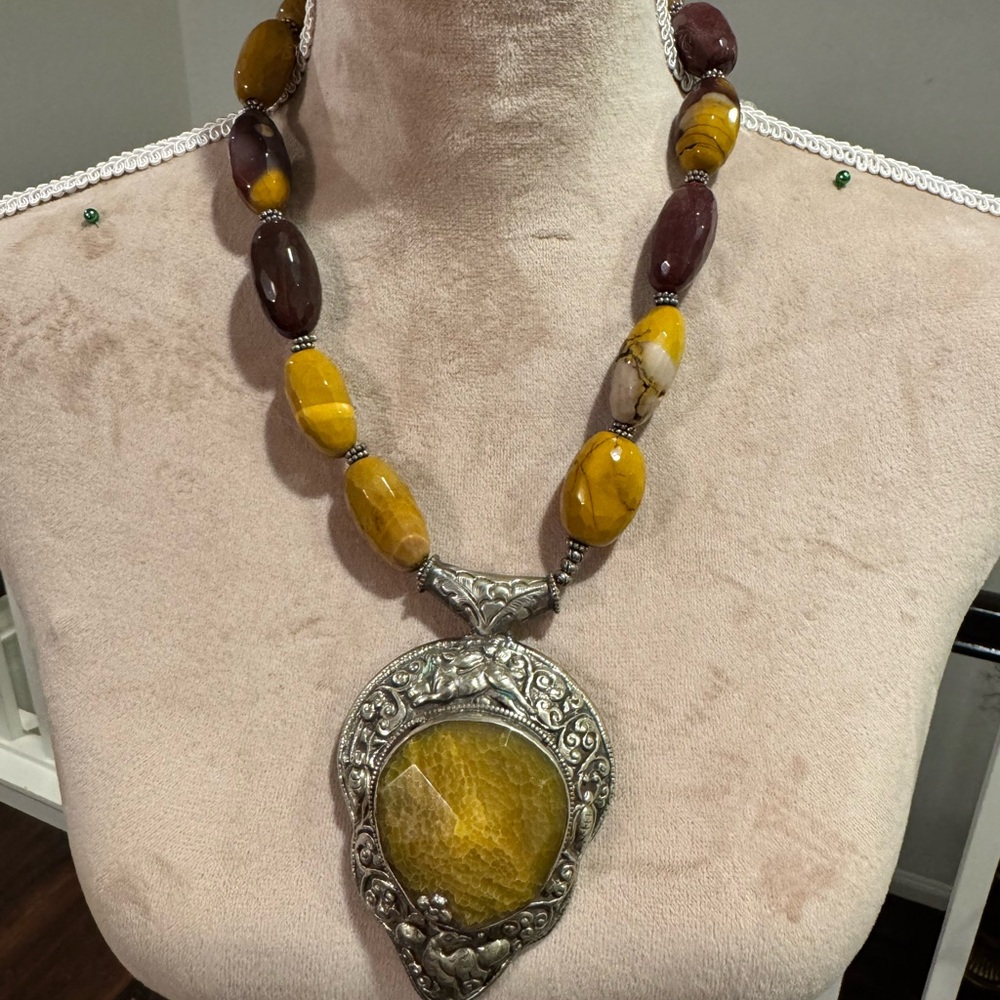 Yellow and Silver Necklace with Intricate Pendant